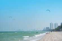 Lifestyle Kite Flying Sport On Hua Hin Beach, Thailand - March 6,2021;