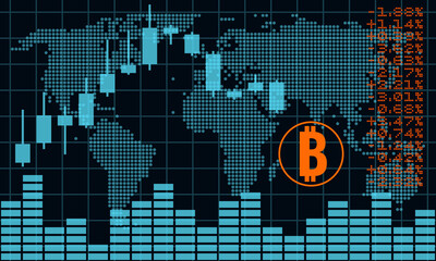 Wall Mural - bitcoin crypto currency graphs and indicators, vector illustration with world map background