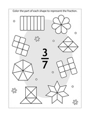 math educational coloring page with a fraction and various shapes: color the part of each shape to r