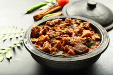 Traditional Cooking- Indian Mutton Curry Cooked In Clay Pot .earthen Ware, Pottery  