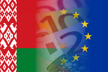 eu and belarus flags with euro banknotes mixed image