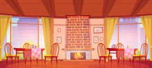 Cozy Cafe Or Restaurant With Fireplace And Windows With City View. Vector Cartoon Interior Of Cafeteria With Wooden Furniture, Table, Chairs And Brick Fireplace With Burning Flame