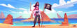 Girl pirate on beach with jolly roger flag and sword. Young sexy woman in filibuster captain costume, cocked hat and wooden leg prosthesis stand on rocky island sea shore, Cartoon vector illustration