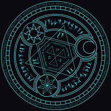Light Blue Magic Incantation Circle With Fantasy Alphabets Spell (named Fotonth) And Symbol Of Sun Moon Star On Black Background