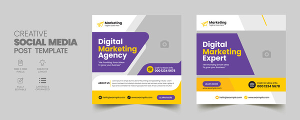 Business marketing banner for social media post template. Digital modern web banner with blue background and abstract yellow shape. Usable for social media, flyers, and websites