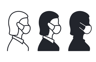 Wall Mural - Woman profile face in medical mask icon on white background. Vector illustration.