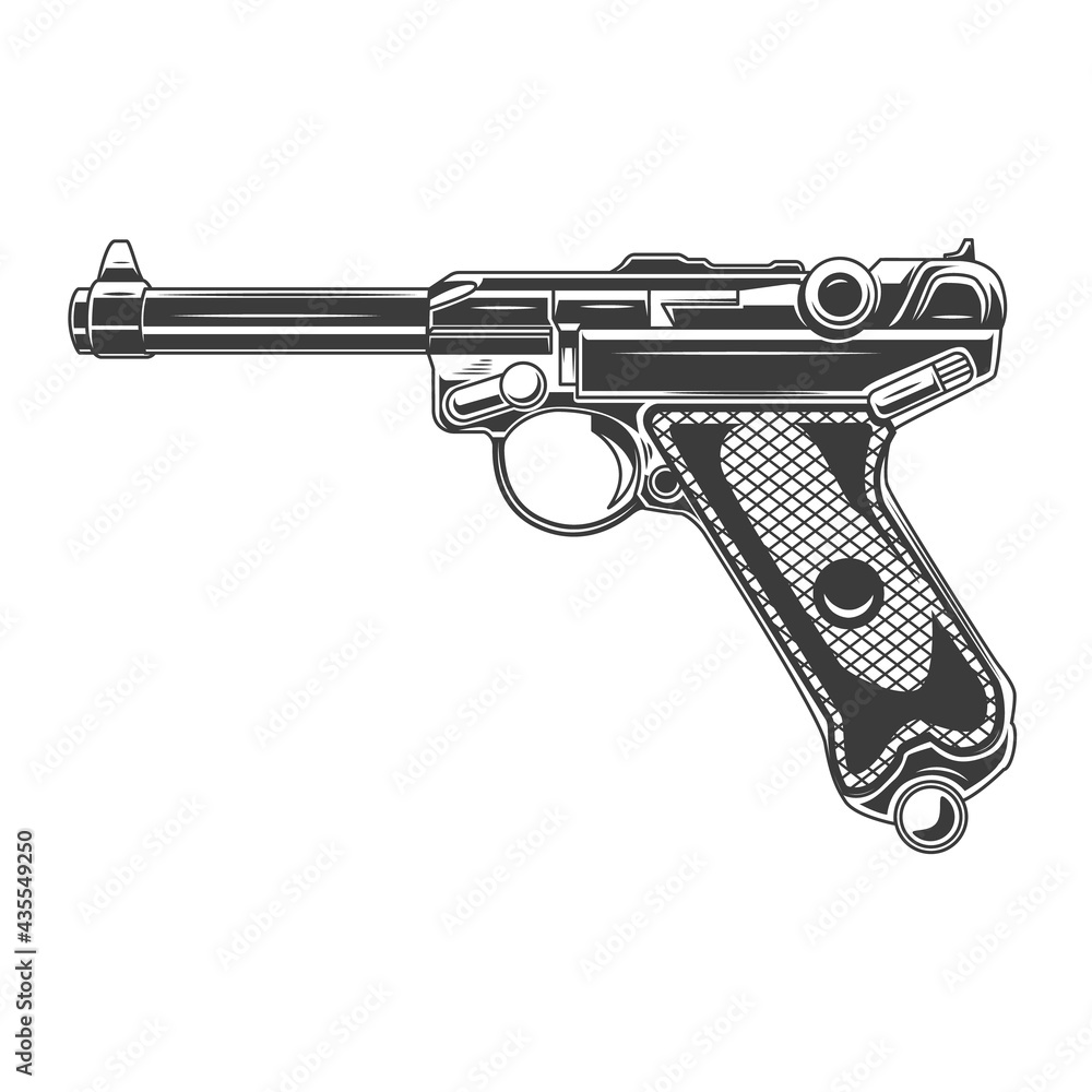 Illustration of parabellum handgun. Design element for logo, label, sign, emblem, banner. Vector illustration - obrazy, fototapety, plakaty 