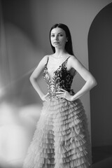 Beautiful woman model posing in elegant dress in the studio