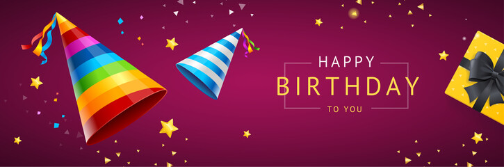 Wall Mural - Birthday Concept Banner Horizontal with Realistic Detailed 3d Elements. Vector