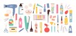 © Tartila - Beauty salon tools. Hairdresser, manicure and makeup equipment. Hair dryer, scissors, comb and cream bottles. Stylist cosmetics vector set