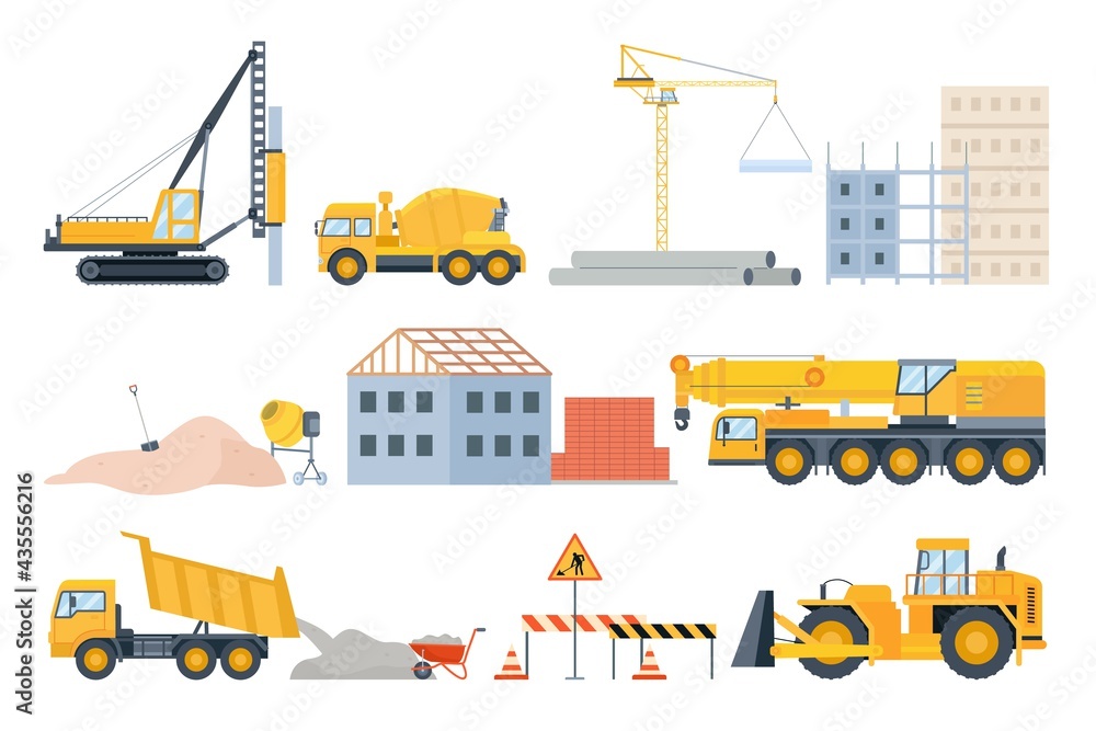 Construction site elements. Material piles, sand and pipes, brick building and machinery. Cement mixer truck, bulldozer and crane vector set