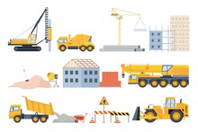 Construction Site Elements. Material Piles, Sand And Pipes, Brick Building And Machinery. Cement Mixer Truck, Bulldozer And Crane Vector Set