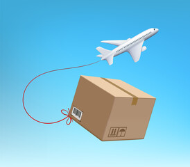 Plane is flying with a cardboard box. Delivery cargo