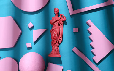 Pink antique goddess statue with geometric shapes on blue background with trendy striped shadow. Creative layout. Top view