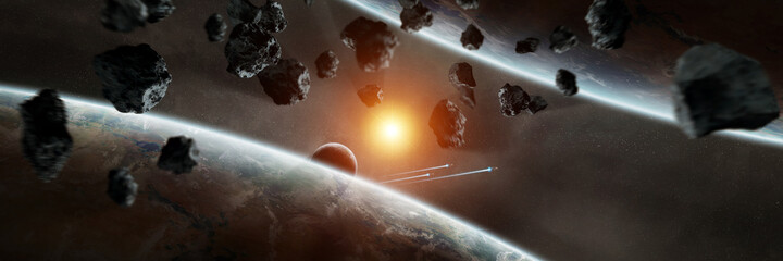 Leinwandbilder - Panoramic space planets background. Panorama of distant solar system with exoplanets 3D rendering elements of this image furnished by NASA
