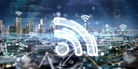 Wall Mural - smart city with wifi network and communication connection - 3d rendering