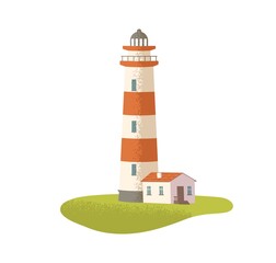 Coastal lighthouse. Nautical light house. Maritime navigation beacon. Seaside security tower. Sea port building. Colored flat vector illustration isolated on white background