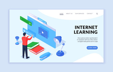 Wall Mural - internet learning concept. isometric vector illustration of male student using convenient online app
