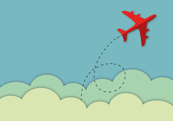 Red plane was flying over the forest as metaphor for business and financial growth, Success and financial developing, Business concept, space for the text. paper cut design style.