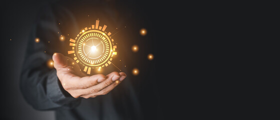 Businessmen use the interface index finger to touch the icon for future web technology icons that work in digital charts, business strategy concepts, Business man concepts, technology concepts.