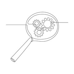 Poster - Gears inside Magnifying glass in continuous line drawing. Concept of Business analysis and engine optimization in outline style. Used for logo, emblem, web banner, presentation. Vector Illustration