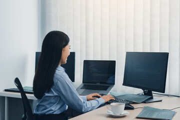 Wall Mural - business woman working on desktop computer monitor professional and sitting at her office desk and w