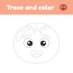 Wall Mural - Coloring book with cute vegetable tomato. For kids kindergarten, preschool and school age. Trace worksheet. Development of fine motor skills and handwriting. Vector illustration.