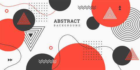 Geometric background in flat style. Abstract backdrop with geometric shapes. Horizontal banner with circles and triangles. Vector illustration. Colorful design card, wallpaper, flyer, poster.