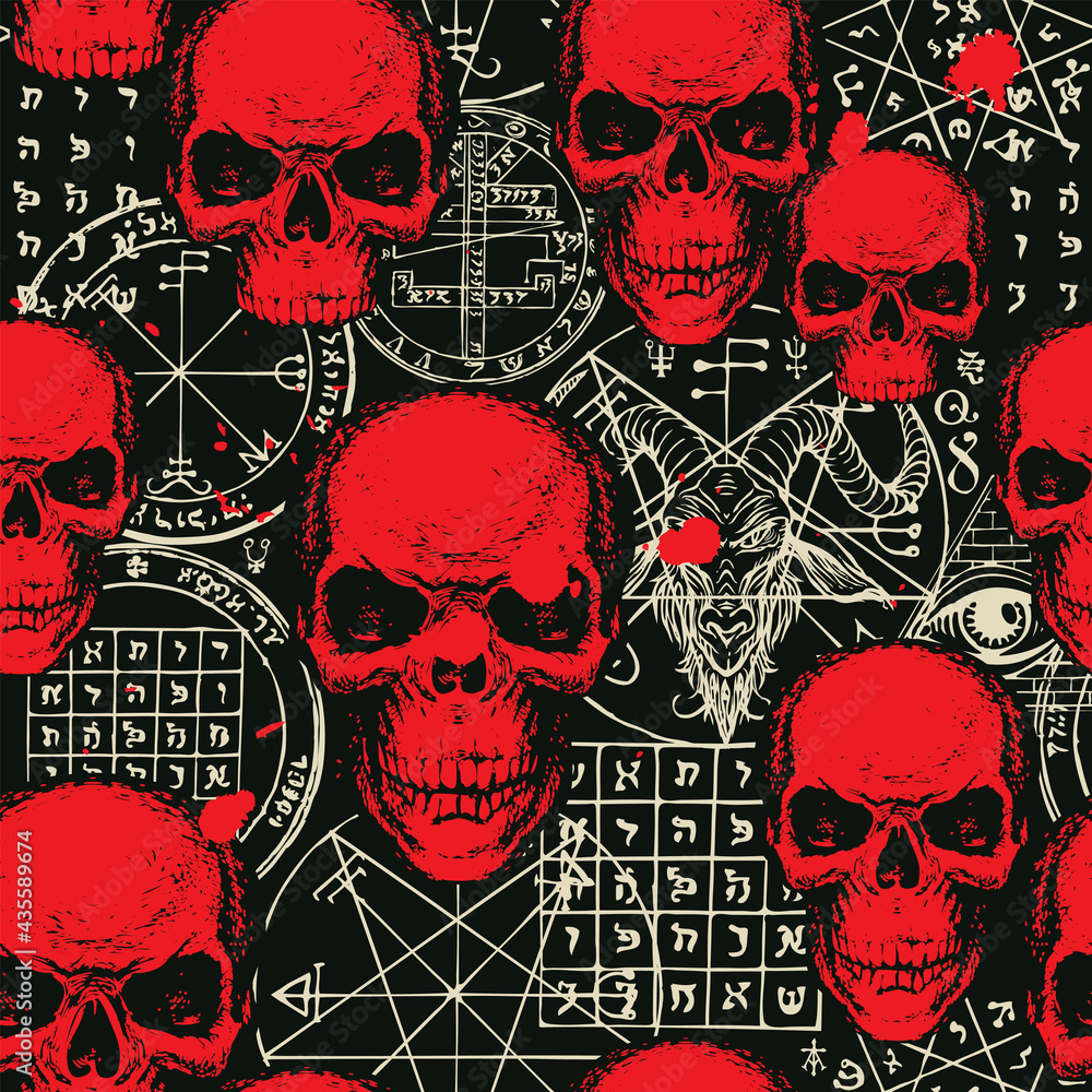 Red Satanic Color Abstract seamless pattern with sinister red human skulls, blood stains ...