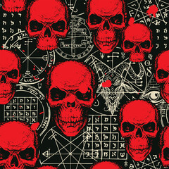 Wall Mural - abstract seamless pattern with sinister red human skulls, blood stains and hand-drawn goat head, occ