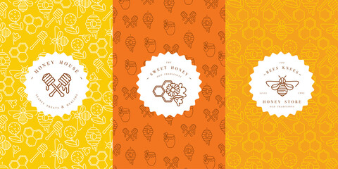 Vector logo, packaging design templates in trendy linear style - natural honey packaging - typography labels and with floral patterns. Flower pattern. Pattern for honey package. Ornamental background.