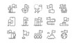 © blankstock - Flag line icons. Leadership, Goal Success, Winner with Flag. Navigation pointer, Travel goal destination, People protest line icons. Mountain with Flag pole, Delivery box, Ownership. Vector