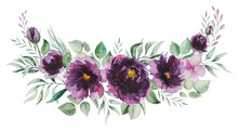Watercolor Purple Flowers And Green Leaves Bouquet Illustration