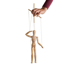 Wall Mural - The human hand with marionette on the strings. Concept of control. On white.