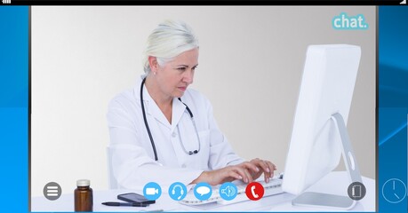 Poster - Composition of screen with female doctor during online consultation