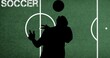 Composition of silhouettes of football player with ball over soccer text on football pitch