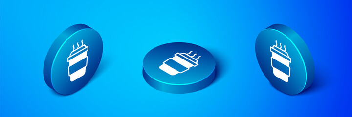 Canvas Print - Isometric Coffee cup to go icon isolated on blue background. Blue circle button. Vector