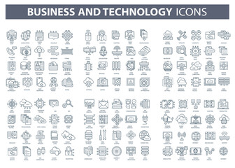 Wall Mural - Business and marketing, programming, data management, internet connection, social network, computing, information. Icons set. Flat vector illustration	
