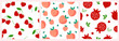The set is a seamless pattern of red pomegranate fruits, whole and cut with heart-shaped stones and green leaves, cherry berries, peach. Simple abstract minimalistic shapes. Vector graphics.