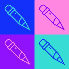 Poster - Pop art line Pencil with eraser icon isolated on color background. Drawing and educational tools. School office symbol. Vector