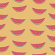© Елена Радькова - Slices of watermelon on yellow background. Fruit and vegetable seamless pattern.