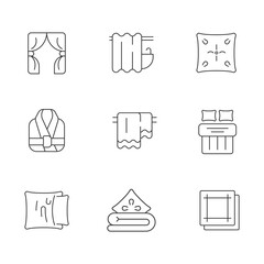 Sticker - Home textile products linear icons set. Window blinds. Shower curtains. Pillow case. Bath robe. Customizable thin line contour symbols. Isolated vector outline illustrations. Editable stroke