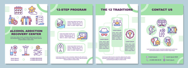 Alcohol addiction recovery center brochure template. Health program. Flyer, booklet, leaflet print, cover design with linear icons. Vector layouts for presentation, annual reports, advertisement pages