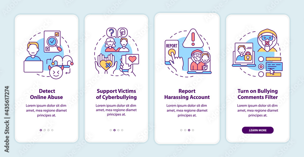 Report/block Tell Cyberbullying prevention steps onboarding mobile app page screen with ...