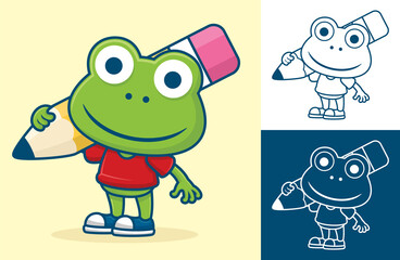 Canvas Print - Funny frog carrying big pencil on its shoulder. Vector cartoon illustration in flat icon style