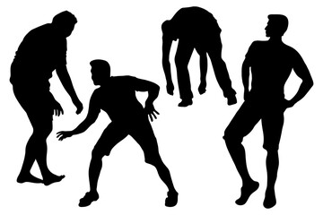 4 vector male silhouettes in motion. A tough guy dance movement, a young man bent down with his back bent, arms down, a man lunged forward, a man stands with bare feet. Isolated over white background