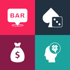 Wall Mural - Set pop art Casino slot machine with clover, Money bag, Game dice and Alcohol bar location icon. Vector