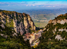 Santa Maria De Montserrat Abbey, Elevated View, Montserrat Mountain Range Near Barcelona, Catalonia