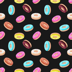 Donuts with pink, chocolate, lemon, blue mint glaze and colored sprinkles in an isometric projection on blue background.  Seamless pattern. Texture for fabric, wrapping, wallpaper