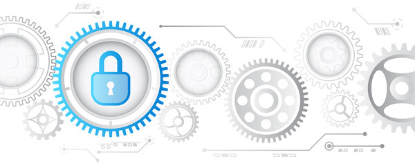 Fototapete - Cybersecurity web banner. Shield icon with gears on a blue background. Data security concept design for personal privacy, data protection.